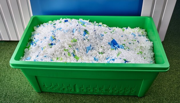 white shredded plastic flakes mixed with blue and green pieces fill a bright green rectangular bin