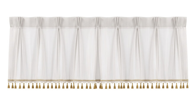 White pinch pleat window valance with golden tassels