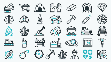 Set of Mining and Mineral Extraction Themed Line Icons © Mahmudmse