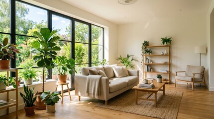 Fototapeta premium Sunlit room features cozy sofa, wooden accents, lush plants; large windows overlook green scenery outside