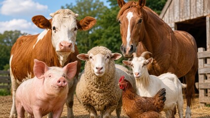 Obraz premium Group of farm animals including cow, horse, pig, sheep, goat and chicken in a sunny barnyard setting