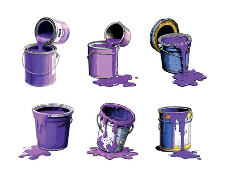 Paint bucket cartoon vector set. Purple color open pouring spill splash liquid tin can metal container fluid pigment dye handle hardware house painting repair isolated on white