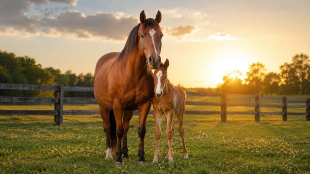 Chestnut mare and her foal standing together in a sunlit pasture at sunset, warm golden hour light, wooden fence and peaceful rural countryside