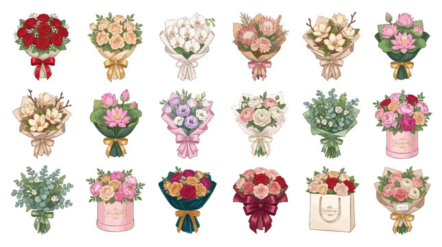 A collection of 18 beautiful, hand-drawn floral bouquets and arrangements, showcasing a variety of flowers and colors.