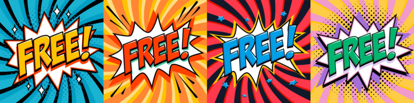 Free icon tag sticker set with comic starburst vector badges, bold text and vibrant radial background in pop art style. Free badge label design for promo offer gift graphics