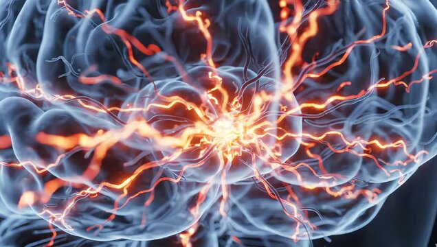 The amygdala processing fear signals inside a transparent brain environment, glowing warning pulses expanding through realistic neural structures