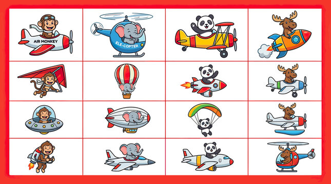 Cute Cartoon Animals Flying Various Aircrafts and Vehicles