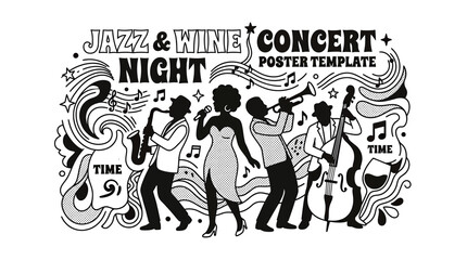 Jazz and Wine Concert Poster Template - Live Music Band Illustration © Herukloro