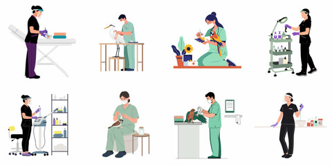 Fototapeta premium Flat vector illustrations of veterinary professionals providing medical care and rehabilitation for various species of birds in a clinical or laboratory setting.