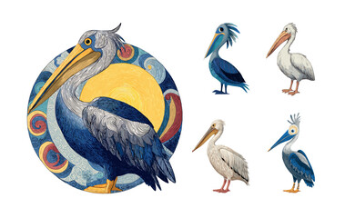 Naklejka premium Pelican cartoon vector set. Animal long beak plumage water wildlife nature avian fauna character mascot aquatic funny drawing children book coastal bird species creature ornithology isolated on white