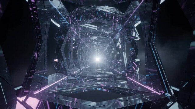 Futuristic glowing tunnel with geometric shapes and neon lights creating a sci fi abstract background