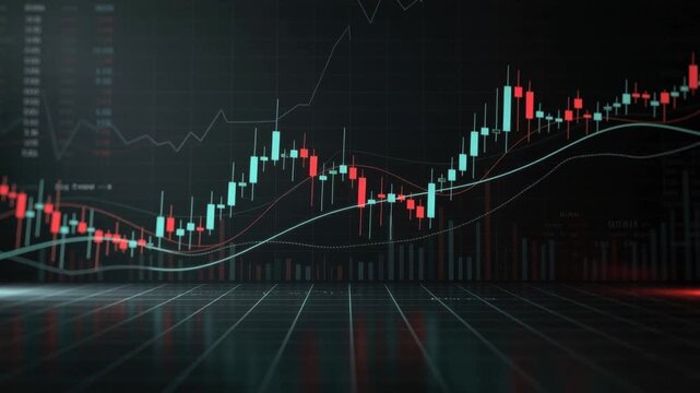 Stock market trading chart with candlestick patterns and financial data analysis background