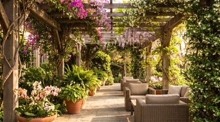 Fototapeta premium Sunlit pergola with lush greenery, vibrant flowers, and cozy seating creates a tranquil garden escape