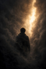 Obraz premium Silhouette Facing Light Through Swirling Smoke Prison