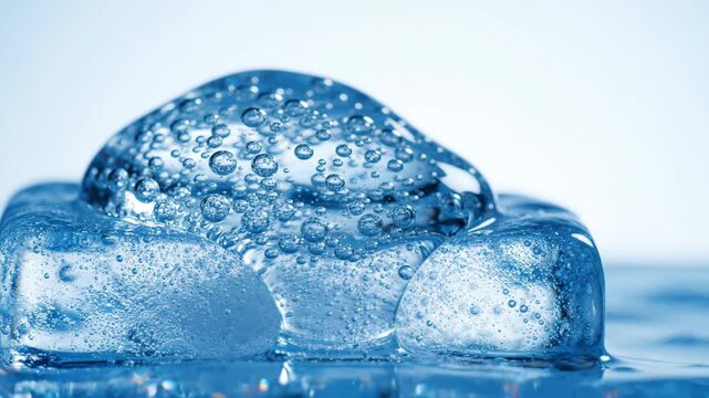 Close up of transparent ice cube with clear water bubbles cold water, refreshing blue background showing pure texture and cool