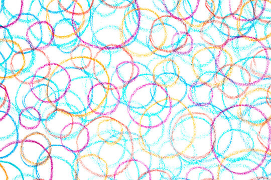 Colour crayon pencil hand drawn circle lines on white background
