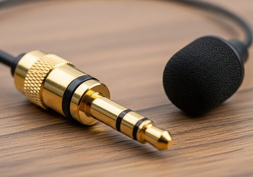 Close-up of a Gold-Plated 3.5mm Audio Jack and Lavalier Microphone on a Wooden Surface for Professional Audio Recording
