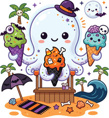 Naklejka premium Octopus vendor serves spooky ice cream cones on a sunny tropical beach.