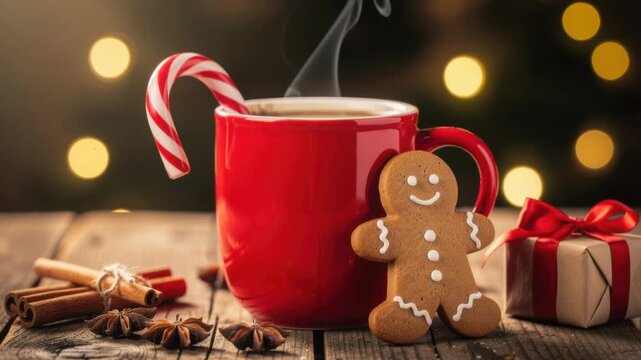 Cozy Christmas hot chocolate with candy cane gingerbread cookie and festive gift on wooden table