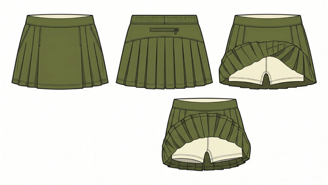 Women's Tennis Skirt Vector Technical Flat Template | Athletic Sportswear CAD Fashion Design Isolated on White