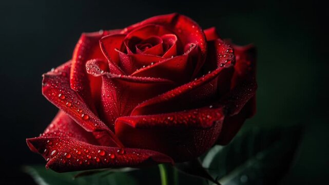 Close up of a vibrant red rose with water droplets on petals with dark blurred background