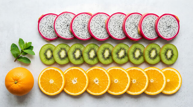 Fresh colorful slices of vibrant dragon fruit green kiwi and juicy orange arranged in neat horizontal rows on a clean white textured kitchen counter surface