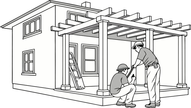 Construction workers assembling wooden frame structure for residential building carpentry