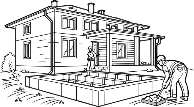 Architectural cad blueprint of a modern house foundation with two people reviewing plans
