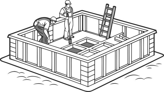 Architectural cad plan of luxury villa foundation with construction worker blueprint