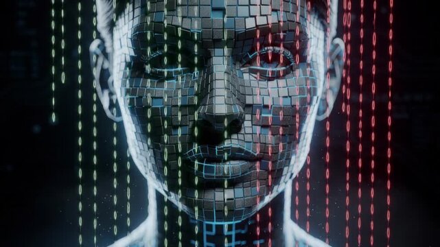 Futuristic digital human face made of glowing cubes with colorful data streams in cyber technology concept