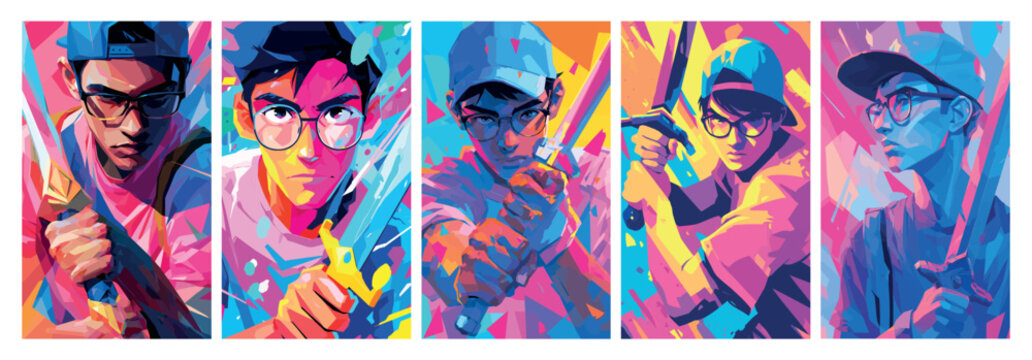 Pop boy cartoon vector set. Guy portrait face head pose weapon sword bat cap glasses geometric abstract wpap style dynamic action comic fighter hero young man character isolated on white