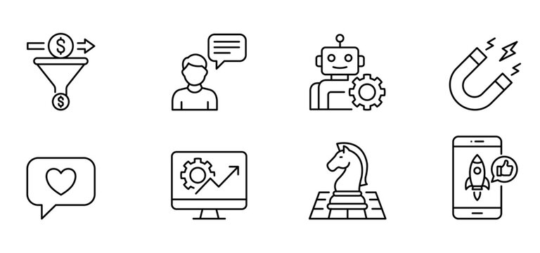 Marketing business strategy automation technology icon Minimal line icon set featuring marketing business strategy automation technology customer support magnet attraction social media engagement