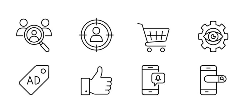 User target shopping cart setting tag advertising thumb smartphone notification password marketing line icon set with user search customer targeting shopping cart analytics setting price tag