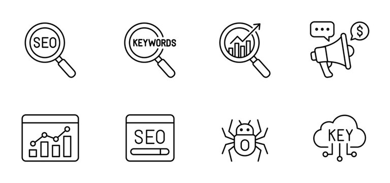 SEO keyword search marketing analytics icon line website optimization outline icon set featuring SEO and keyword research, search marketing analytics chart, website optimization symbols
