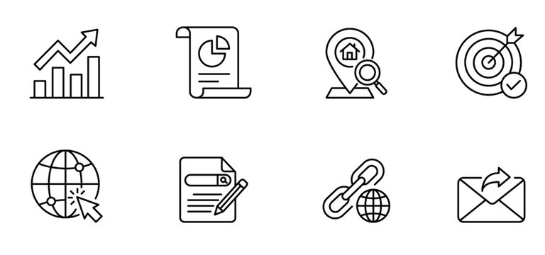 Business icon report icon map pin target icon globe icon document icon link icon email icon minimal line icon set for business analytics report document map location goal target globe