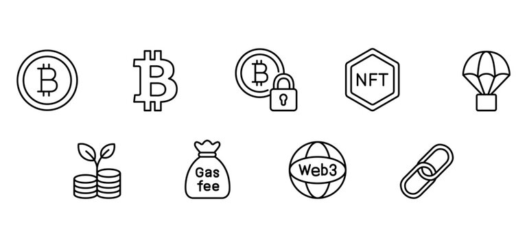 Cryptocurrency bitcoin blockchain web3 nft icon outline finance security network cryptocurrency concept outline icon set with bitcoin symbol blockchain link wallet lock nft badge web3 globe gas