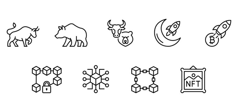 Bull bear bull market bear market coin blockchain cryptocurrency rocket moon line icon set minimalist outline financial concept featuring bull market bear market cryptocurrency coin rocket moon