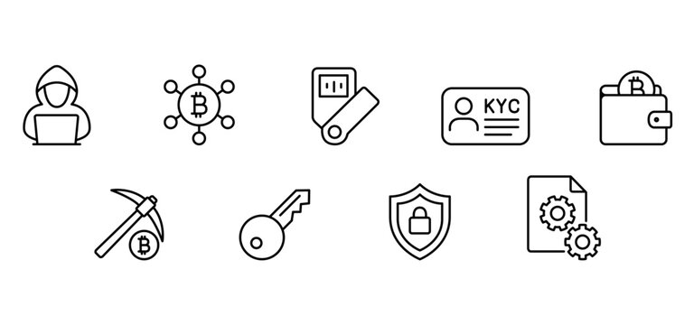Cybersecurity cryptocurrency blockchain hacker wallet identity verification security key mining icon set for fintech protection, digital money safety, online payment, privacy, authentication
