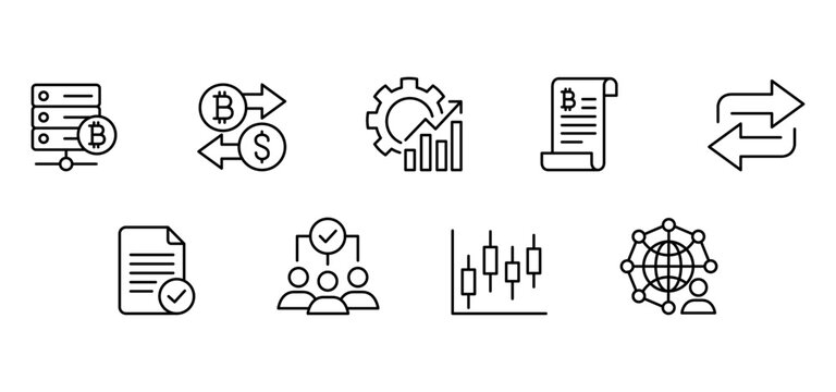 Finance icon cryptocurrency blockchain bitcoin exchange set minimalist outline line icon finance and cryptocurrency concept set with bitcoin exchange blockchain network chart analytics server