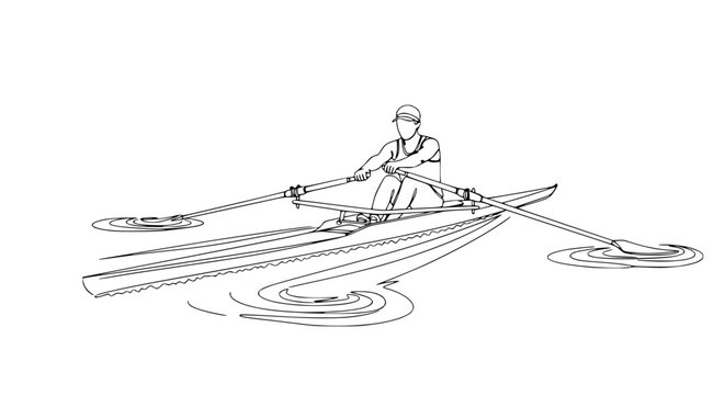 Single Sculler Rowing on Water, Dynamic Line Art Illustration