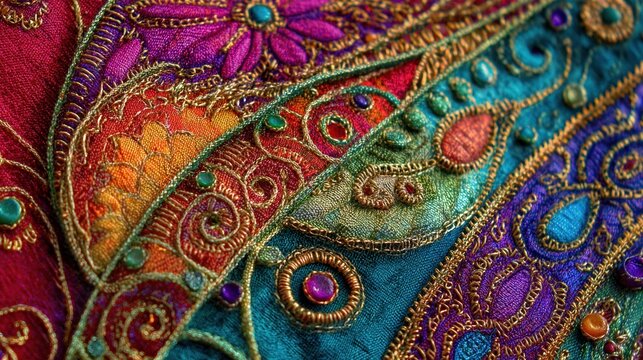 Macro shot of intricate indian embroidery on colorful fabric. Traditional textile design for diwali and navratri festivals. Detailed zardosi needlework with gold thread