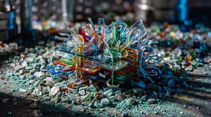Fototapeta premium Interwoven plastic bottles and sea glass creating futuristic, industrial sculpture.