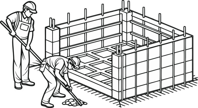 Black and white technical of apartment building foundation construction with engineer