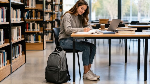 Young woman studying at a library table with laptop, books, notebook and coffee, focused in a bright modern study space