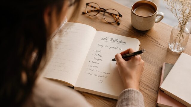 Person writing in a self-reflection journal at a wooden desk with glasses, coffee, notebook, and dried flowers