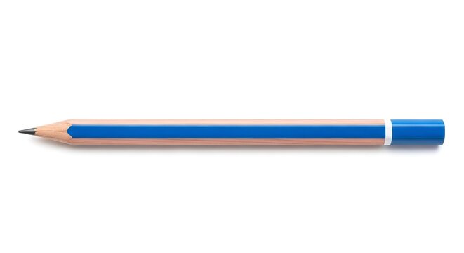 Single sharpened wooden pencil featuring a vibrant blue stripe painted along the side for artistic sketching projects on white background
