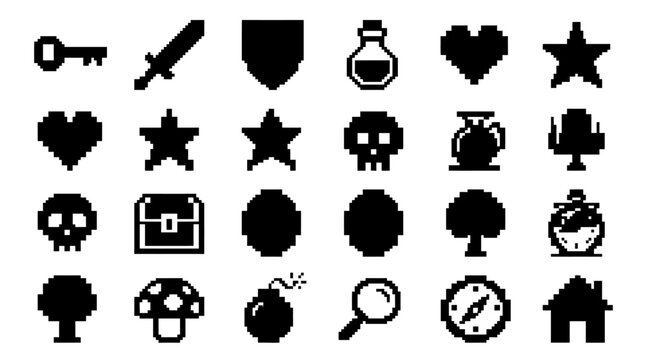 Collection of various pixel art fantasy RPG icons.