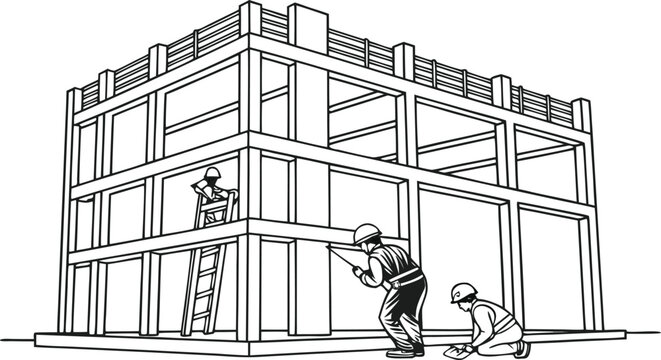 Construction worker inspecting steel framework of multi-story building structure