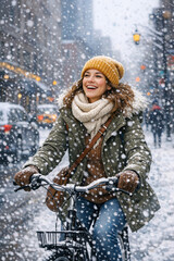 Fototapeta premium A cheerful woman wearing winter clothing and a beanie rides her bicycle down a snow-covered city street, smiling at the camera. The image captures the joy of outdoor activities during winter.