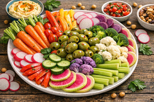 Colorful salad of sliced vegetables and nuts with dipping sauce.